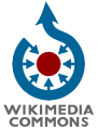Central filled red circle, surrounded by a blue circular outline with a gap an an arrow leading up, plus seven smaller arrows pointing inward to the red circle. Below are the words "WIKIMEDIA COMMONS".