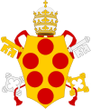 Pius IV (1559-1566), the third of the Medici popes, seems to have assumed the "unaugmented" coat of arms, ''Or, six balls in orle gules[25] Pius IV was of the Medici family of Melegnano, alleged branch of the Florentine Medici's. As such this Lombard-Milanese branch used the "unaugmented" arms of Medici until later period when they assumed the arms of ducal branch with the augmentation of France.
