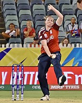Shrubsole bowling for England during the 2020 ICC Women's T20 World Cup