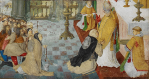 A raíña deposita a súa coroa aos pés do arcebispo de Santiago de Compostela.