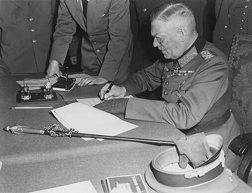 41. Field Marshall Wilhelm Keitel signs the German Instrument of Surrender, ending the European side of the Second World War
