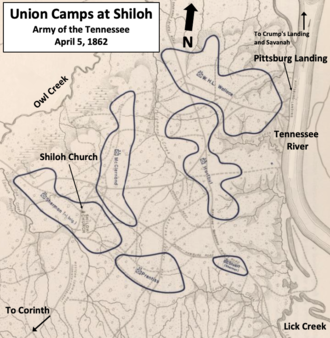 map showing Union camps between Shiloh Church and Pittsburg Landing on the Tennessee River, with camps of Sherman and Prentiss being closest to Corinth