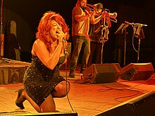 Monique Powell, lead singer of Save Ferris, performs at a Save Ferris show at the Starland Ballroom in New Jersey on August 19, 2023.