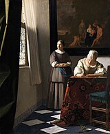 Woman writing a letter, with her maid, by Johannes Vermeer.jpg