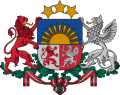 Coat of Arms of Latvia, featuring a lion, a quarter, a supporter and a ribbon Sanguine. Latvia is the only nation in Christendom which uses the colour sanguine.
