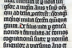 Literatura: Exemplo de caligrafía en latín que representa unha Biblia de 1407.