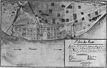 Drawing of the St. Louis street grid from the 1780s showing the river and a small village