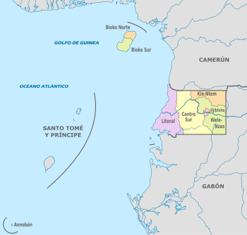 A clickable map of Equatorial Guinea exhibiting its two regions and eight provinces. The island nation of São Tomé and Príncipe is not part of Equatorial Guinea.