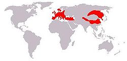 Saksanhirven luontainen levinneisyys Euraasiassa (ei sisällä Pohjois-Amerikan vapitia)