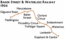 Route diagram showing line running from Paddington at left to Elephant & Castle at bottom right with additional stations added at Edgware Road and Lambeth