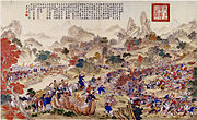 Zhao Hui was unable to take Yarkand, moved east but was forced to retreat by the rebels, who lay siege to him at the Black River. In 1759, Zhao Hui learnt of the imminent arrival of relief troops, and so stormed the rebel town and brought the rebellion to an end. Painting by Giuseppe Castiglione