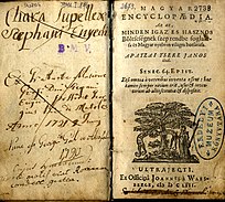 Fő műve, a Magyar encyclopaedia (1655) címlapja