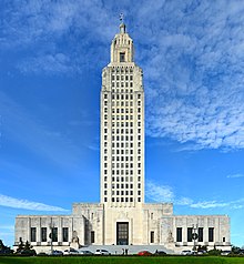 Photograph of the Louisiana State Capitol, a tall, art-deco tower.