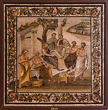Framed mosaic of philosophers gathering around and conversing