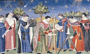 Seven men in clerical vestments holding devices under the starry skies