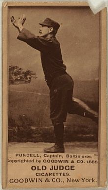 A sepia-toned baseball card image of a man in mid-running stance and wearing a dark old-style baseball uniform and pillbox cap
