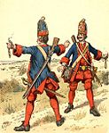 18世紀初頭のプロイセン軍擲弾兵。左手に着火用の火縄、右手に擲弾を持っている