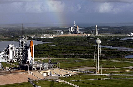 Space shuttles Atlantis and Endeavour on launch pads