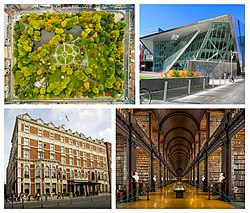 Clockwise from top: St Stephen's Green, the Grand Canal Theatre, the library at Trinity College, the Shelbourne Hotel