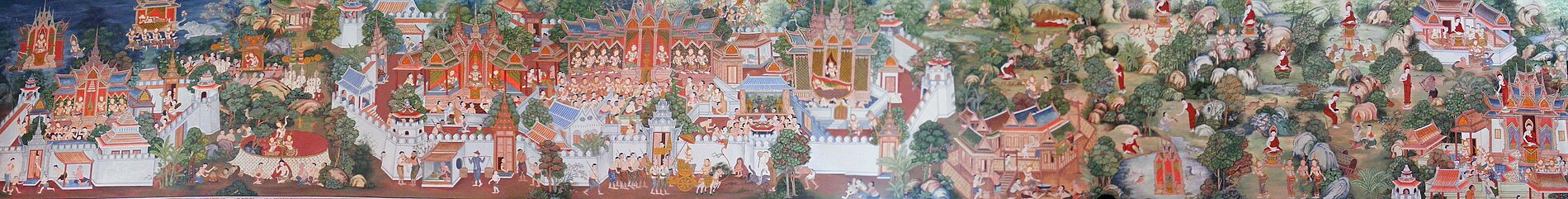 תצלום פנורמי של תמונה המתארת אירועים בחייו של בודהה (לצפייה הזיזו עם העכבר את סרגל הגלילה בתחתית התמונה)
