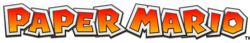 The words "Paper Mario" in an outlined blocky font. The color transitions vertically from red to orange. The words have a rough paper texture.