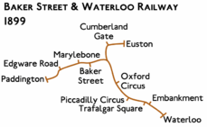 Route diagram showing line running from Paddington at left to Waterloo at bottom right with branch on right to Euston