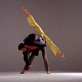 Modern dance – a dancer performs a leg split while balanced on the back of her partner.