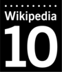 Wikipedia logo displaying the name "Wikipedia" in a small size and the number "10" below it in a much bigger size, in English