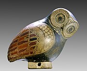 An owl-shaped protocorinthian aryballos, c. 640 BCE, from Greece