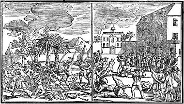 Hai bức vẽ đen trắng về các sự kiện trong thảm sát. Ở bức vẽ bên trái, lính Hà Lan sát hại các cư dân người Hoa trong hậu cảnh các ngôi nhà của các cư dân này bị đốt. Ở bức vẽ bên phải, người Hà Lan hành hình các tù nhân người Hoa trong một sân trong.