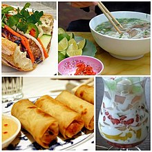 Photographs of a phở noodle dish, a chè thái fruit dessert, a chả giò spring roll and a bánh mì sandwich