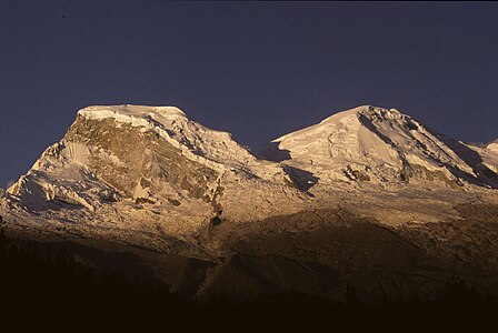The summit of Huascarán is the highest point of Peru and the Tropics.