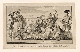 A Patriot cartoon depicting the Coercive Acts as the forcing of tea on a Native American woman (a symbol of the American colonies), who is lying down, was copied and distributed in the Thirteen Colonies. Others watch and a man, believed to be Lord Sandwich, pins down her feet and peers up her skirt. The caption of the cartoon itself is "The able Doctor or America swallowing the Bitter Draught."