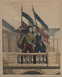 La Fayette donne l'accolade au duc d'Orléans au balcon de l'hôtel de ville.