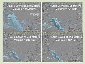 This photo shows four profiles of Lake Lewis at various flood levels. It illustrates that the lake back flooded several valleys in which the Touchet Beds were found.