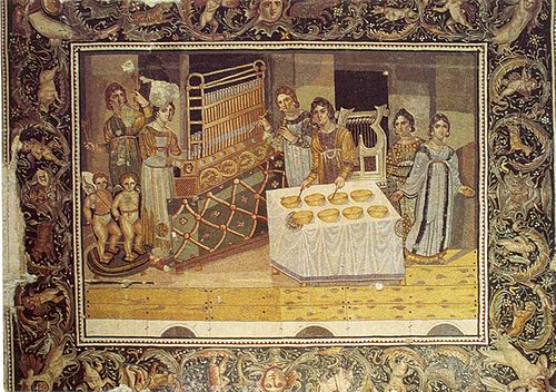 Late 4th-century "Mosaic of the Musicians" playing the organ, aulos, and lyre from a Byzantine villa in Maryamin, Syria[334]