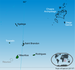 جزایر جمهوری موریس به رنگ سیاه نمایش داده شده؛ مجمع‌الجزایر چاگوس و تروملین مورد ادعا موریس می‌باشند.