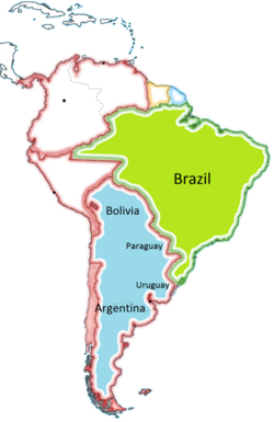 map of South America with the Viceroyalty of the Río de la Plata indicated in blue, the area of which incorporated portions of present-day Argentina, Uruguay, Brazil, Paraguay, Bolivia and Chile