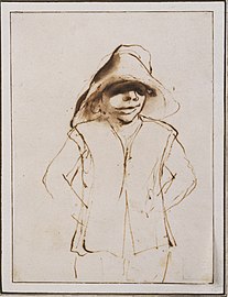Guercino, Boy in a Large Hat, 1630s-40s, pen and brown ink with brush and brown wash on beige laid paper[63]