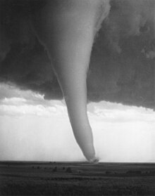 Fotografía en blanco y negro de un tornado en un campo