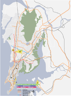 Mapa konturowa Mumbaju, po lewej znajduje się punkt z opisem „BOM”