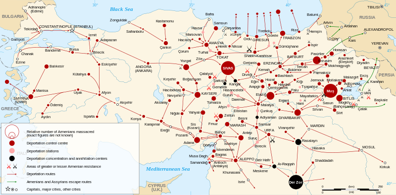 map showing locations where Armenians were killed, deportation routes, and transit centers, as well as locations of Armenian resistance