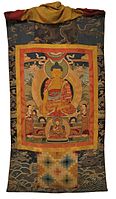 Bhutanese Drukpa Kagyu applique Buddhist lineage thangka with Shakyamuni Buddha in center, 19th century, Rubin Museum of Art