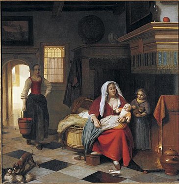 Пітер де Гох — «Побутова сцена з жінкою з дітьми біля вогнища» (бл. 1669–1671)