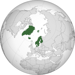 Land controlled by the Nordic countries shown in dark green. Bouvet Island and Antarctic claims not shown.