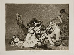 Plate 5: Y son fieras (And they are fierce or And they fight like wild beasts). Civilian women fight against soldiers with spears and rocks.