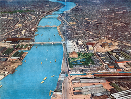 An aerial view of the Sumida River with Taitō-ku (west) and Sumida-ku (east) in Tokyo, c. 1930