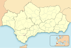 Mapa konturowa Andaluzji, blisko centrum na prawo znajduje się punkt z opisem „Grenada”