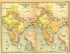 India in 1837 and 1857, showing East India Company-governed territories in pink.