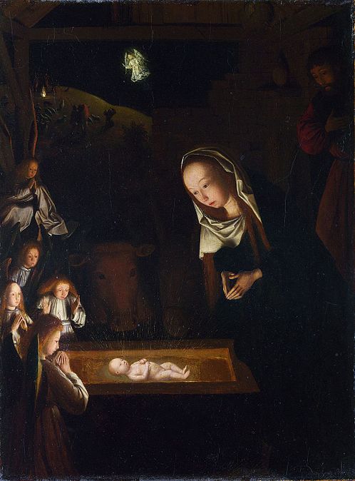 Original – Dimensions - 34 × 25 cm (13.4 × 9.8 in). Depictions of the Nativity changed significantly in European art following St Bridget's visions of the event, many depictions reduced other light sources in the scene to emphasize this effect, and the Nativity remained very commonly treated with chiaroscuro through to the Baroque. They all look like Christmas tree decorations. And a nice pyramidal composition too, with angel on top like a Christmas tree...